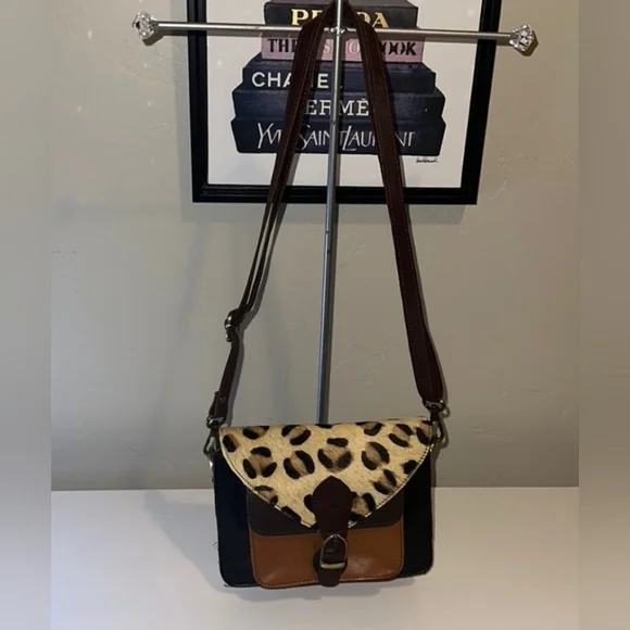 Leopard Hide and Leather Crossbody Satchel Purse - Picture 1 of 12
